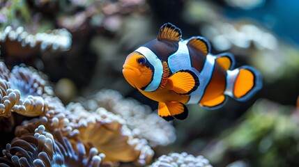  A close-up image of a clownfish swimming on coral, with anemones in both the foreground and background