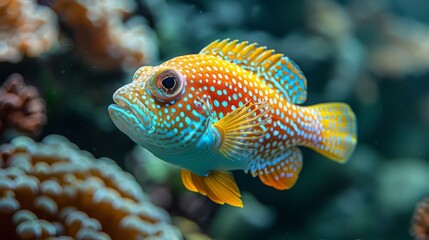 Obraz premium Blue and yellow fish in close-up, surrounded by corals in an aquarium