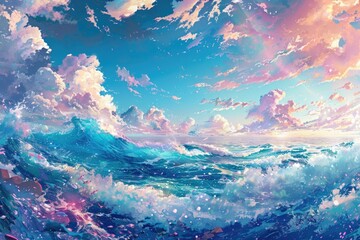 A realistic painting of a large wave in the ocean. Perfect for home decor or beach-themed designs