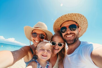 A family wearing sunglasses and hats is smiling while taking a selfie on the beach with goggles and water in the background under a cloudy sky
