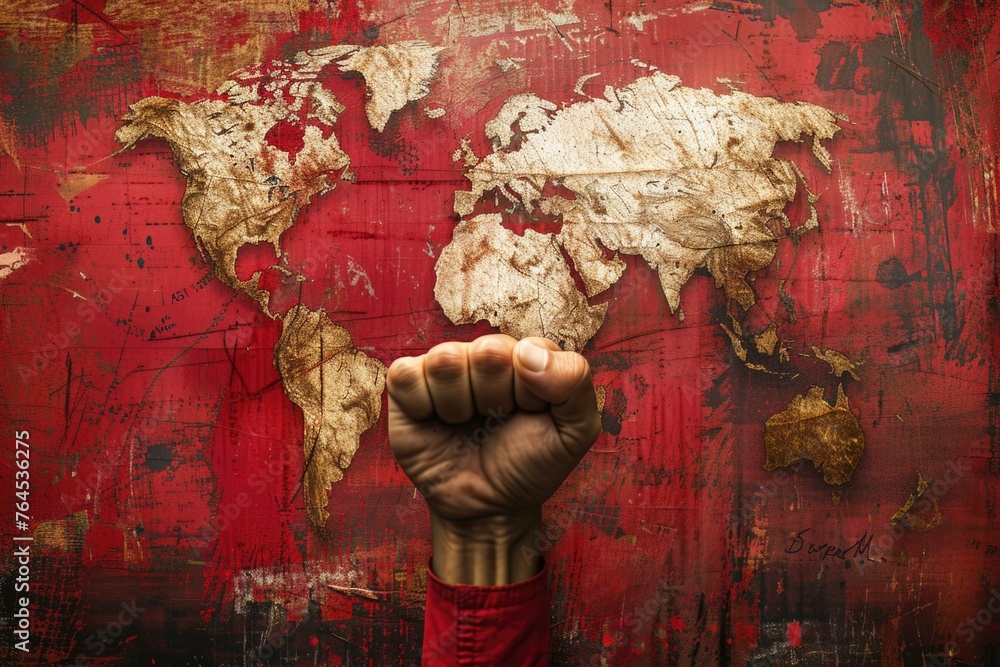 Poster a hand gesturing towards a map of the world, suitable for travel concepts