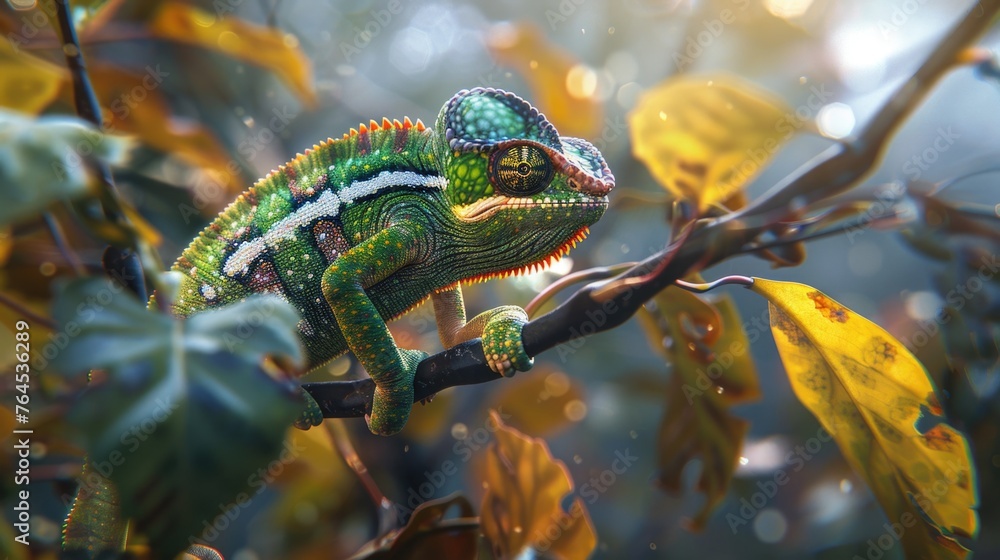 Poster a chameleon with green and white colors sitting on a tree branch. suitable for nature and wildlife c