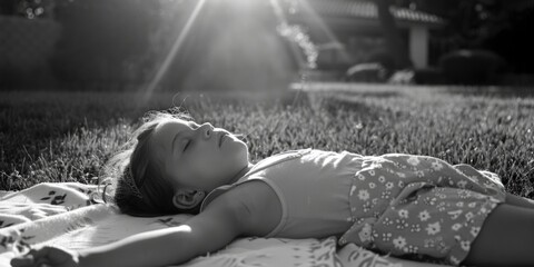 A young girl relaxing on a blanket in the grass. Suitable for outdoor and leisure concepts - obrazy, fototapety, plakaty