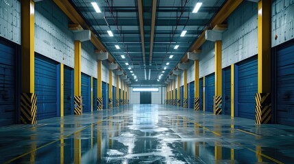 A long hallway with vibrant yellow and blue doors. Ideal for interior design concepts