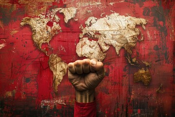 A hand gesturing towards a map of the world, suitable for travel concepts