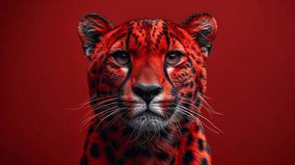  A high-resolution image depicting a red and black cheetah in close proximity to a solid red backdrop, framed by a monochrome border