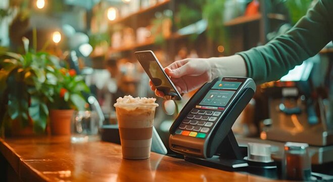 customer contactless payment for drink with mobile phone at café counter bar, seller coffee shop accept payment by mobile. new normal lifestyle concept