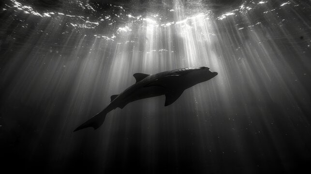  A monochrome image depicts a shark swimming in the ocean, with sunlight filtering through the water above