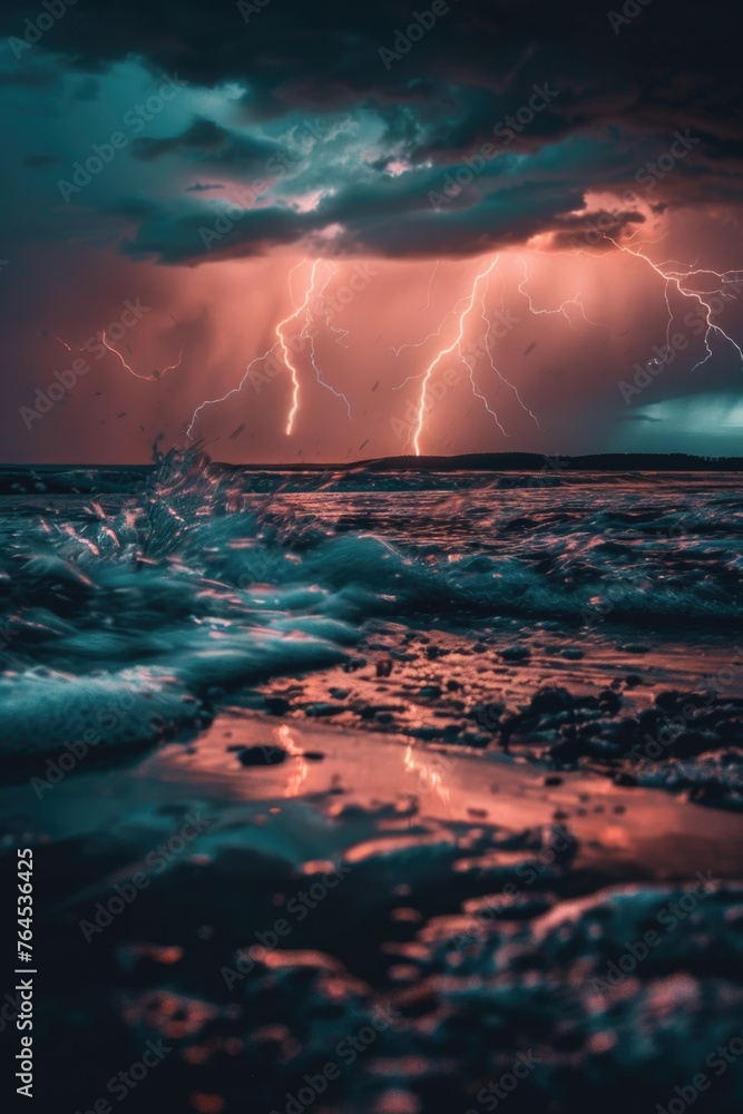 Poster dramatic image of a looming lightning storm over the ocean. suitable for weather-related articles or