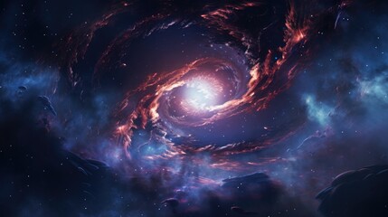 Cosmic voyage, celestial dance of space scene with swirling galaxy, nebula, and distant planet, power and energy of swirling galaxies and dark matter in space, glowing star fantastic background