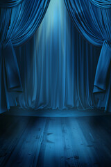 Dark blue theater curtains with spotlight on stage, theatrical drapery template