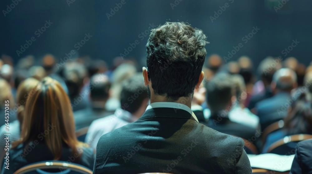 Poster a man in a suit speaking in front of an audience. suitable for business presentations