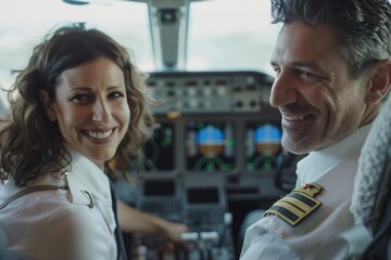 A man and a woman are sharing a smile and a gesture of happiness in the cockpit of an airplane, enjoying a fun and leisurely event together. They are happy and their thumbs are up - obrazy, fototapety, plakaty