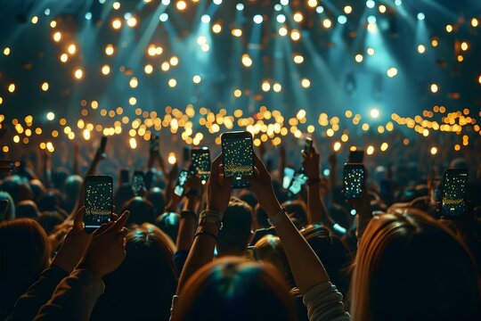 Large crowd at a live event holding up smartphones with bright lights above. Concept Live event, Smartphone lights, Large crowd, Bright atmosphere, Concert vibes