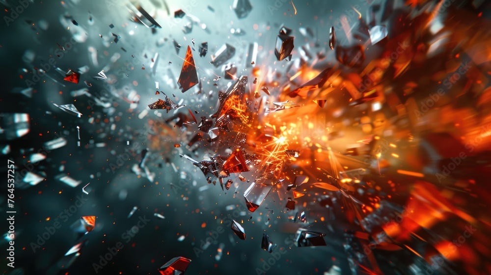 Poster a dramatic image of a large explosion of red and orange rocks. ideal for illustrating powerful force