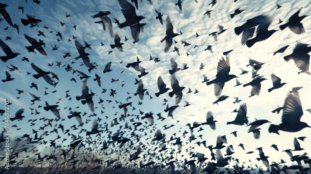 Poster a flock of birds flying in the sky. suitable for nature and freedom concepts
