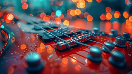  A clear close-up of a red electric guitar with focused background lighting - obrazy, fototapety, plakaty