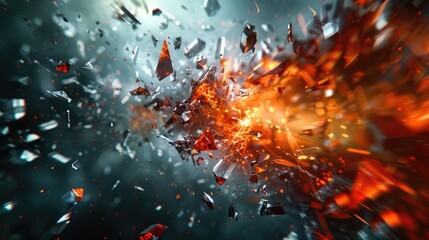 A dramatic image of a large explosion of red and orange rocks. Ideal for illustrating powerful forces of nature