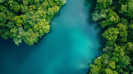 Aerial view of mangrove forest and sea. - obrazy, fototapety, plakaty