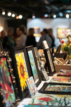 A silent auction featuring artwork and unique items donated by local businesses at a charity event, raising funds through bidding and generosity, Generative AI