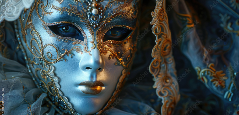 Poster detailed close-up of a mask with a veil, perfect for mysterious and elegant themes