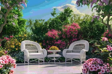 Romantic Garden Setting a romantic garden setting with blooming flowers
