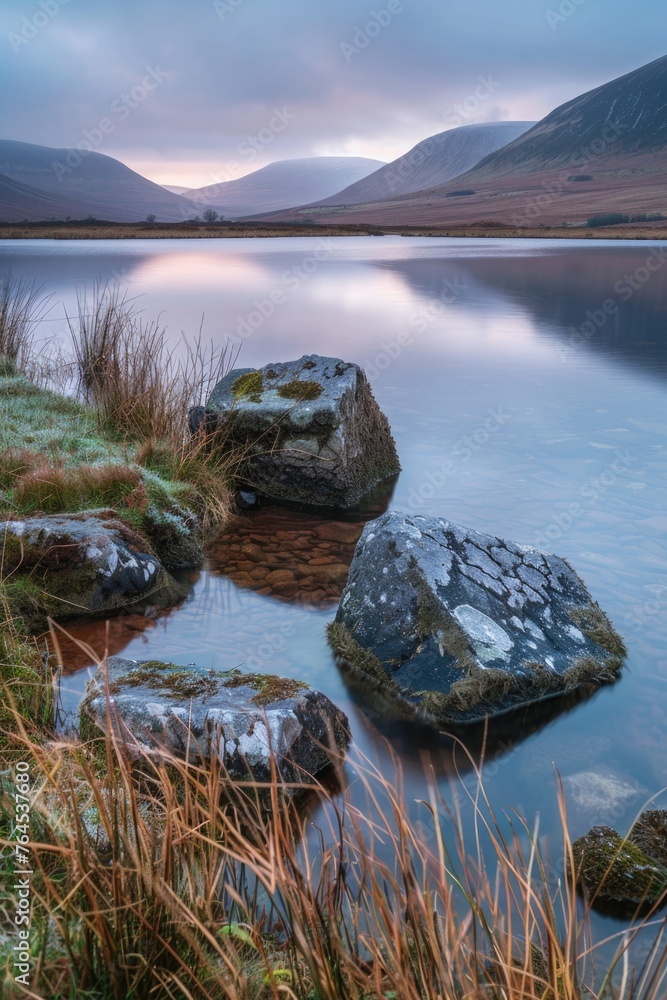 Poster scenic view of a tranquil body of water surrounded by grass and rocks. suitable for nature and trave