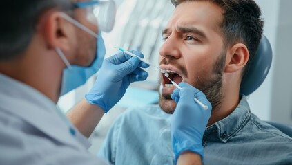 The man is having his teeth examined by a dentist in a dental office. The dentist is checking his mouth, jaw, and muscles while the man sits in the chair, sharing a gesture with his finger