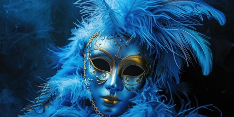 Detailed shot of a blue mask with elegant feathers, perfect for masquerade events