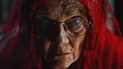 A portrait of an old woman wearing glasses and a red veil, suitable for various concepts