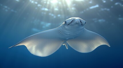  A massive white fish hovering over a tranquil water expanse featuring a pastel-colored seafloor, illuminated by radiant sunbeams piercing the surface