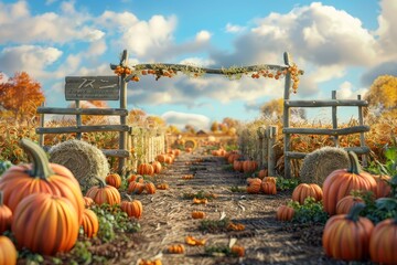 Pumpkin Patch Setting a pumpkin patch setting with rows of pumpkins - obrazy, fototapety, plakaty