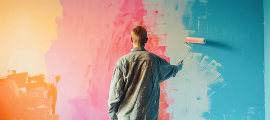 Professional house painter applying pastel color with a roller