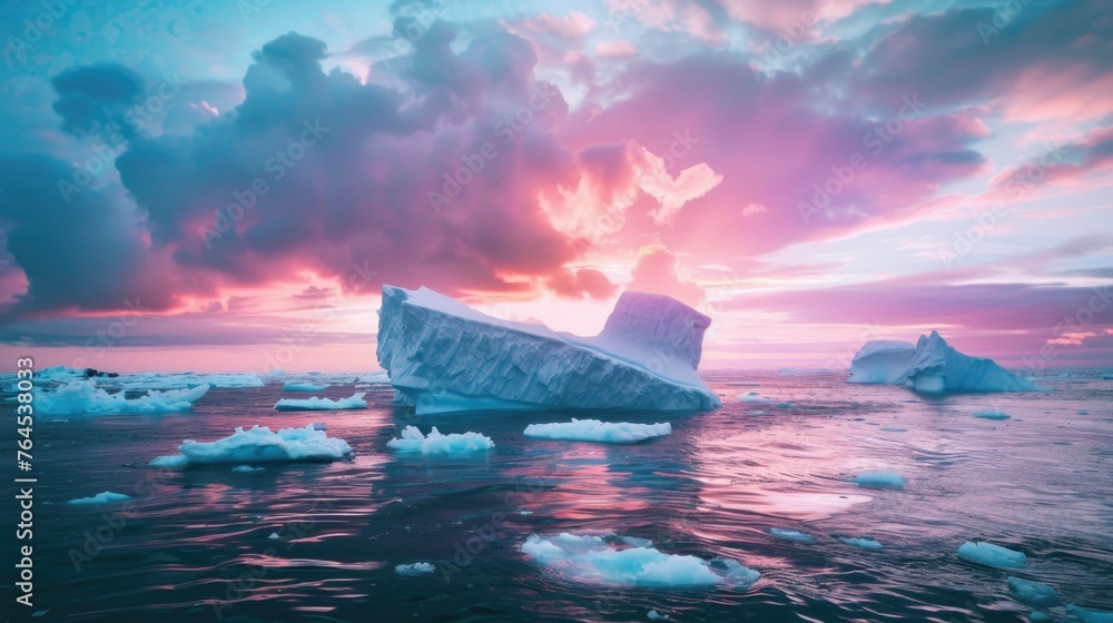 Poster an iceberg floating on top of a body of water. ideal for environmental and nature concepts