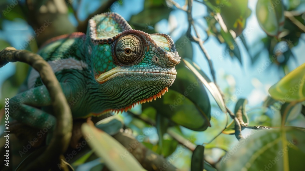 Poster close up of a chameleon on a tree branch, suitable for nature and wildlife themes