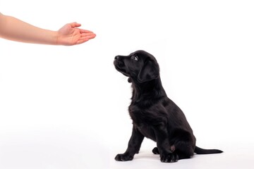 A small black dog sitting on a white floor next to a person. Can be used for pet care or friendship concepts
