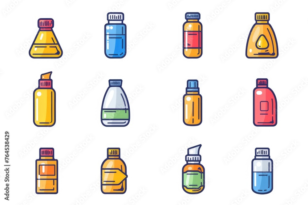 Poster Various bottles and containers filled with different liquids. Ideal for product packaging concepts