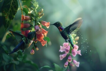Fototapeta premium A beautiful hummingbird is pictured feeding from a pink flower. Ideal for nature or wildlife concepts