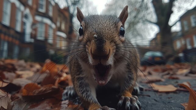  A close-up photo of a squirrel with its mouth slightly open, appearing relaxed and calm