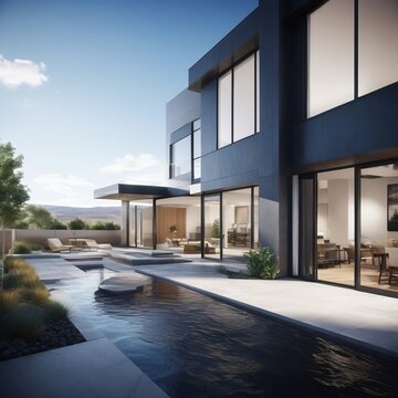 AI Generative image of luxurious modern house with clean lines, water features, and a view of mountains under a clear sky