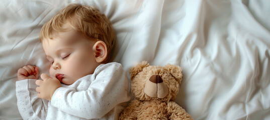 Adorable newborn sleeping on white bed with plush toy, copy space for text