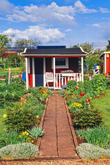 Garden path with flower beds to a red cottage on an allotment garden