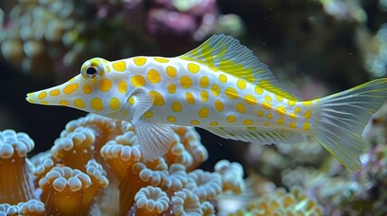  Close-up of yellow/white fish on coral with other corals & sea anemones in the background