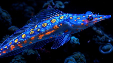  Close-up image of a blue-yellow fish on black background, dotted in shades of orange and yellow