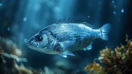  A photo of a fish, zoomed in, swimming in greenish-brown water with submerged algae