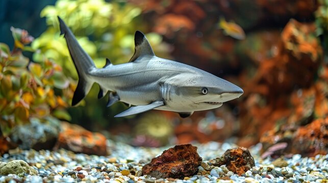  A well-focused image of a shark in an aquarium surrounded by rocks, plants, and a fish in the foreground