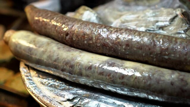 Soondae pork blood sausage with noodle inside Korean traditional food Kwangjung market