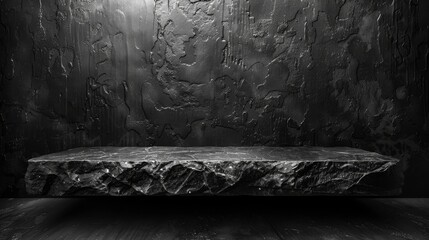  Dark stone bench illuminated by overhead light in dim room - B&W photo - obrazy, fototapety, plakaty