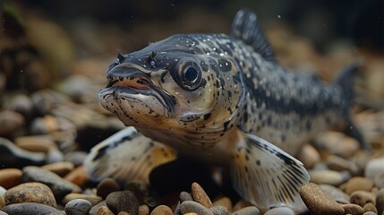  A detailed photo of a fish resting atop rocky terrain, surrounded by pebbles in the front and blue water in the back