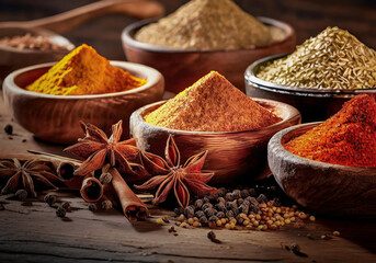 several types of spices on a wooden table hyper realistic 3d illustration